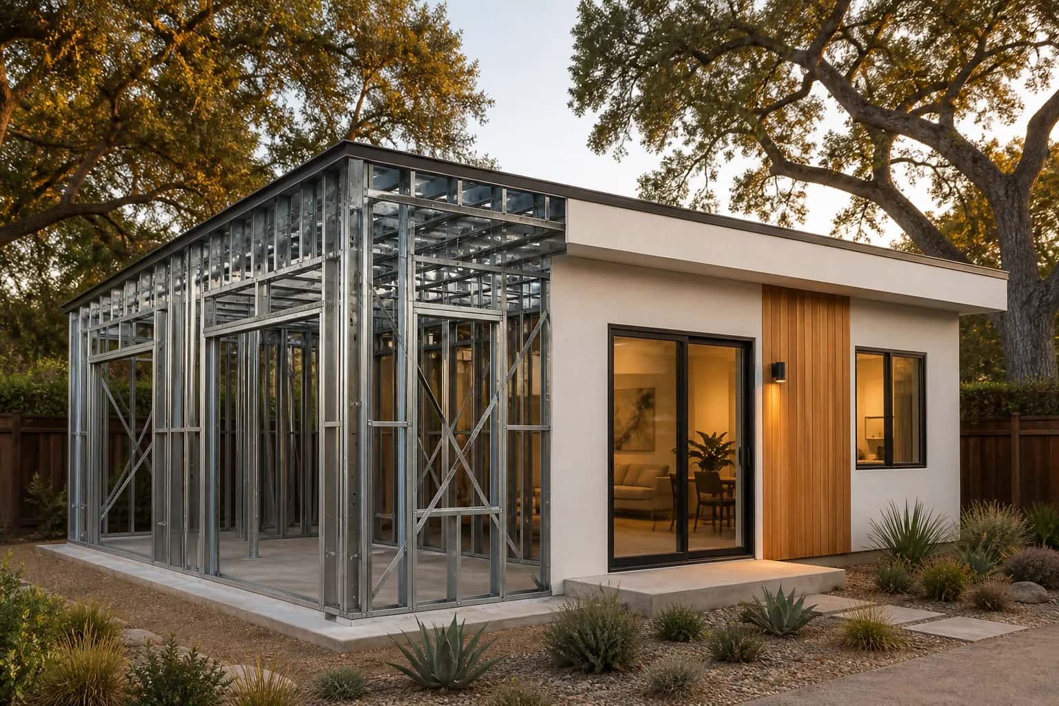 Illustrative split view of one California ADU transitioning from exposed cold-formed steel frame to a completed home