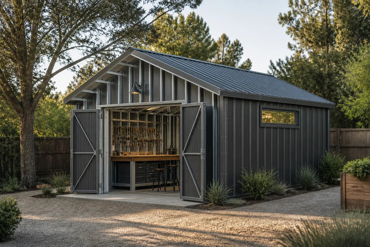 Backyard Workshop steel-frame concept with exposed galvanized roof members, charcoal metal doors and a workbench
