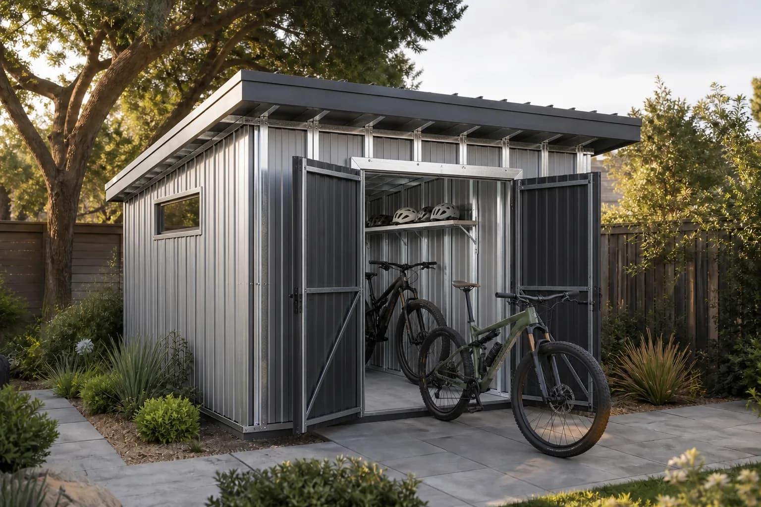 Cycle Store steel-frame concept with silver metal cladding, exposed galvanized profiles and two bicycles