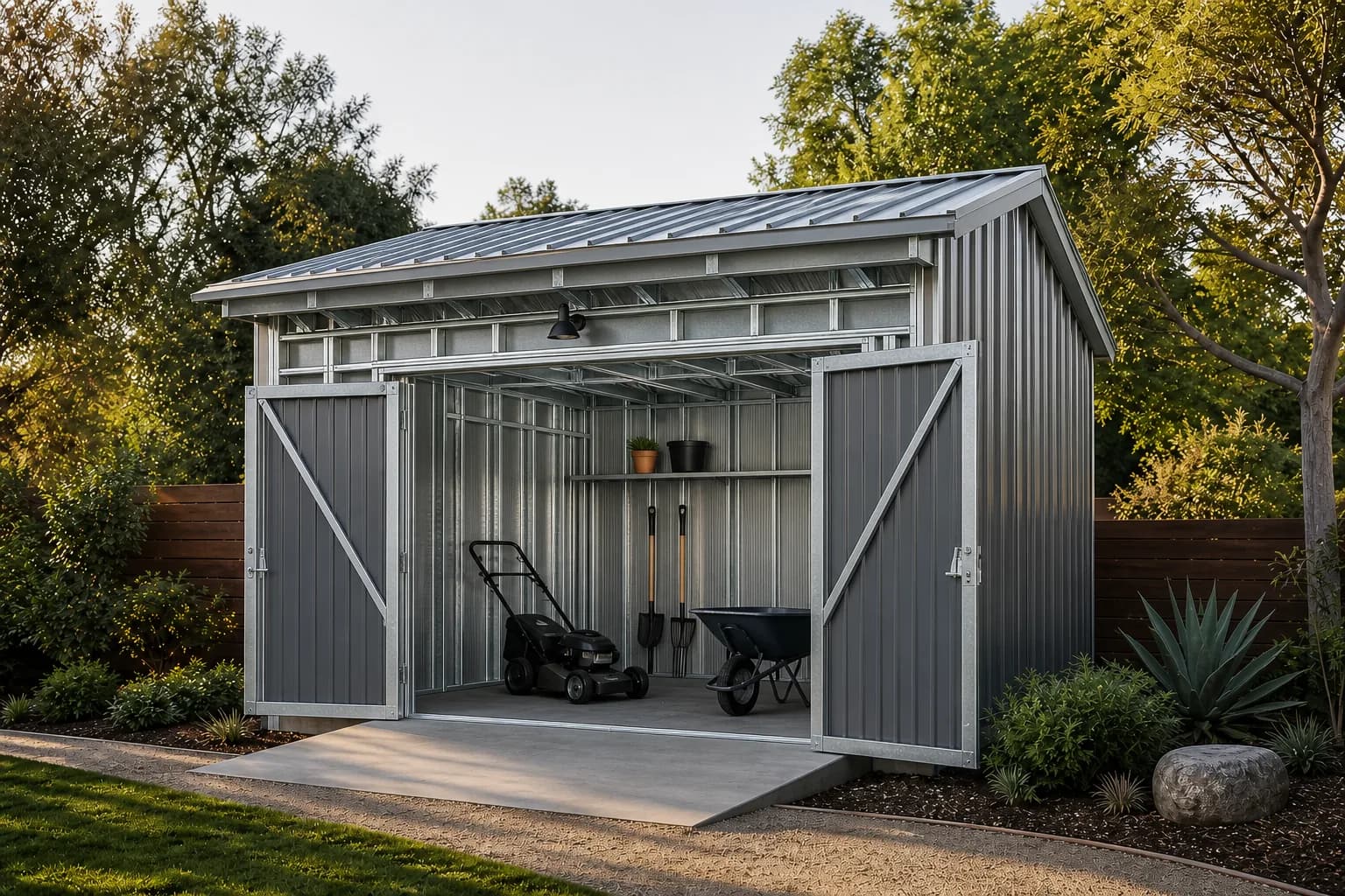 Equipment Shed steel-frame concept with galvanized studs and roof members, a lawn mower and wheelbarrow