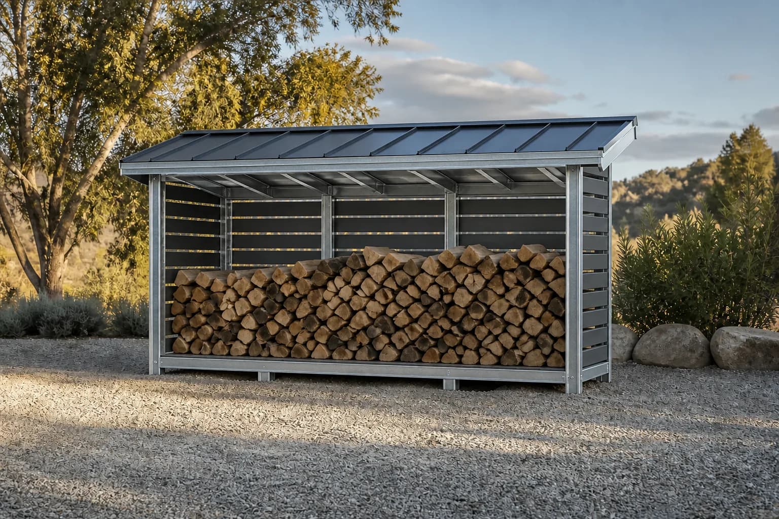 Firewood Shelter steel-frame concept with galvanized posts and roof members, metal slats and stored logs