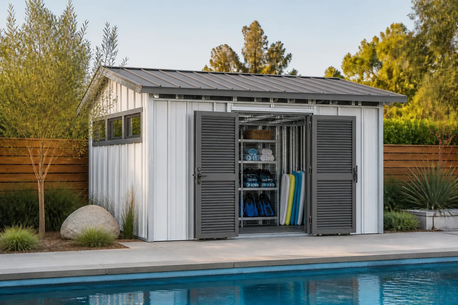 Poolside Store steel-frame concept with visible galvanized profiles, white metal cladding and charcoal doors beside a pool