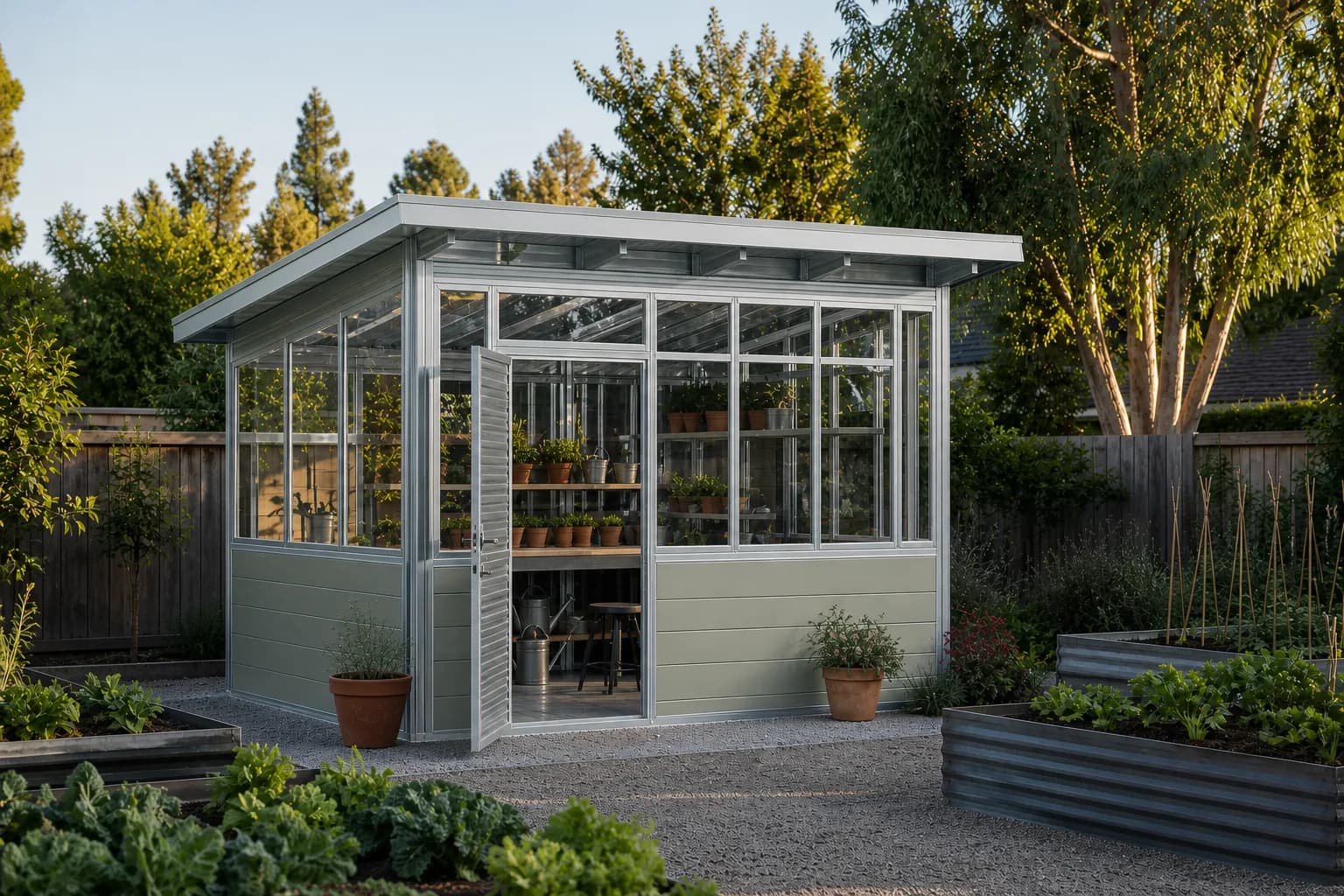 Potting House steel-frame concept with galvanized profiles around glazing, metal lower panels and a planting bench