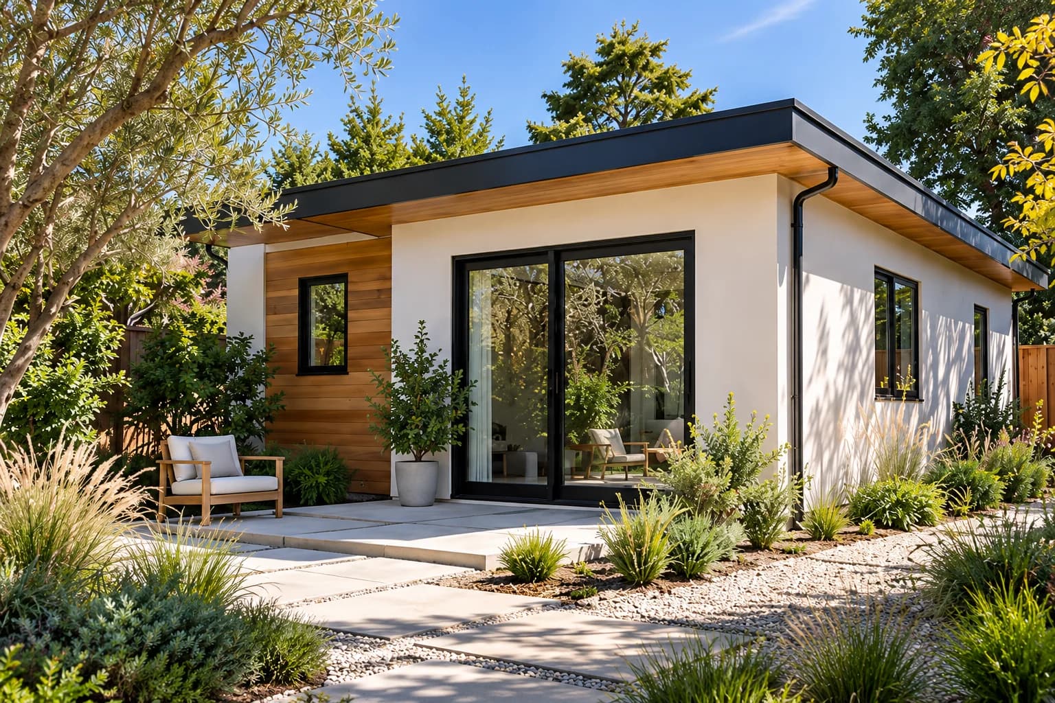 Architectural concept of a modern California ADU in a landscaped garden, shown in natural daylight