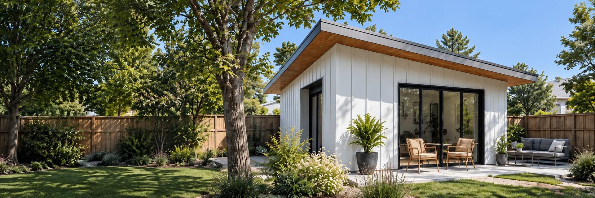 White contemporary ADU concept with an oak soffit and backyard terrace in natural daylight