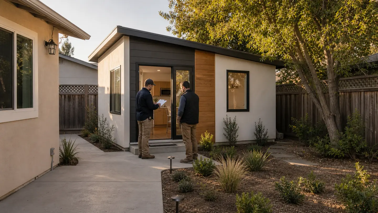 Illustrative process view of a final walkthrough at a completed compact backyard ADU