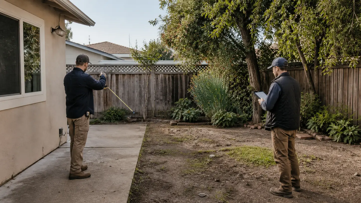 Illustrative process view of a preliminary backyard site review with measurements and condition notes