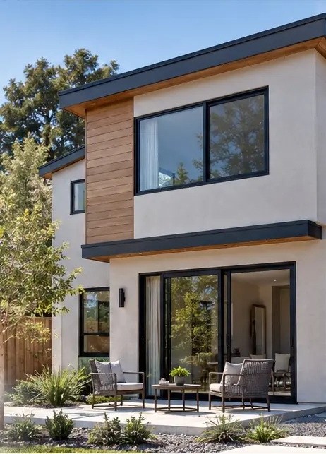 Daylight two-story ADU concept from the supplied reference image