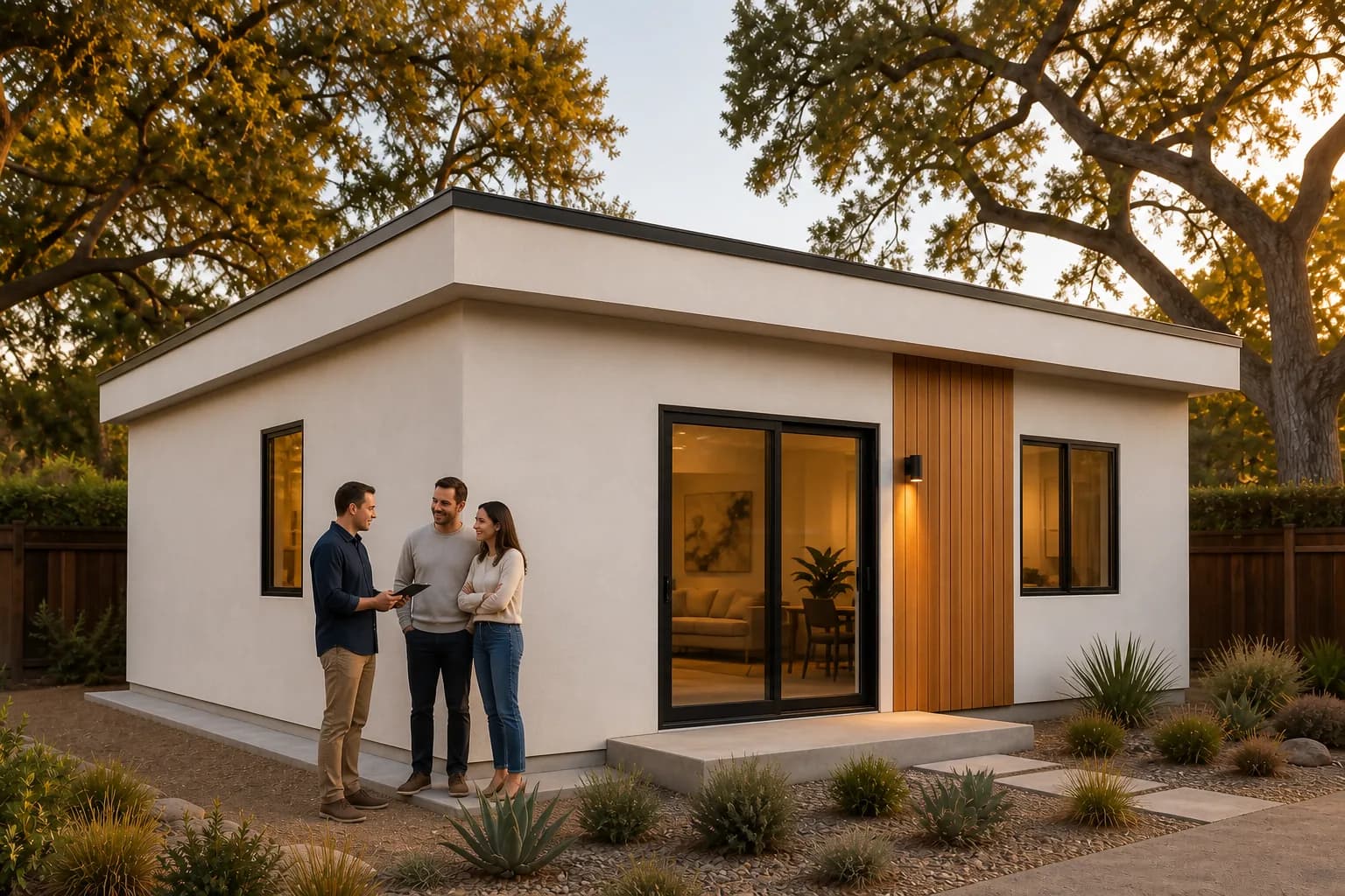 Illustrative completed cold-formed steel ADU in a California backyard with homeowners speaking to a builder