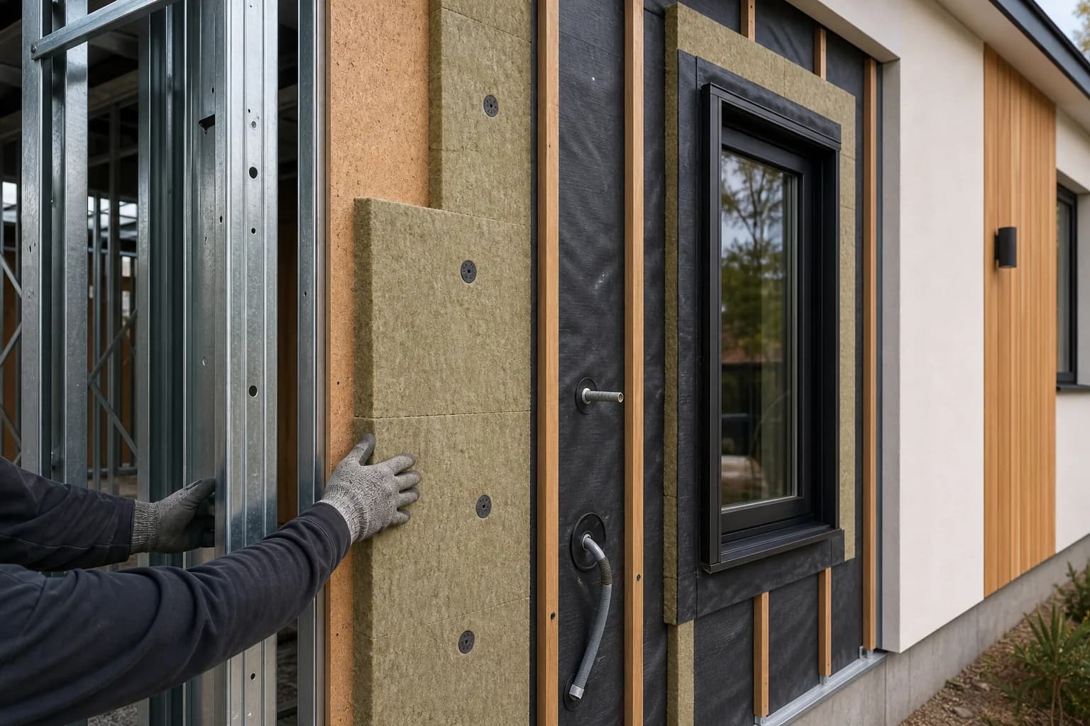 Illustrative progressive view of a steel-framed ADU wall receiving sheathing, weather control, continuous insulation, and exterior finish