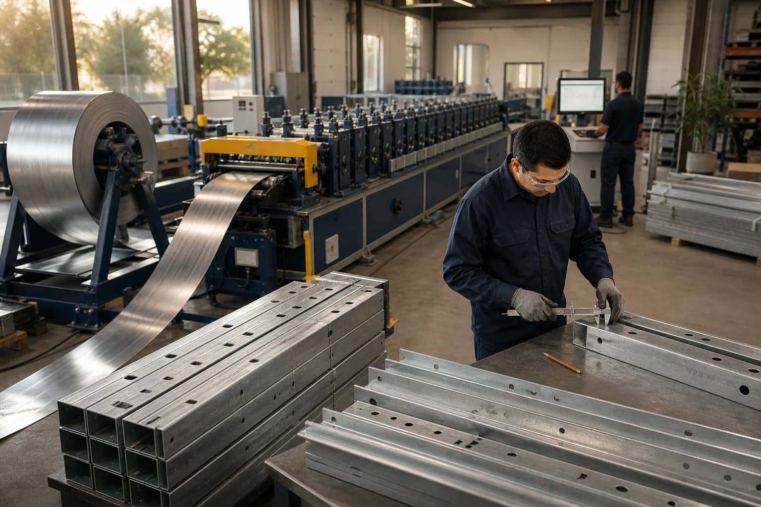 Illustrative manufacturing view of cold-formed steel ADU members being formed and checked