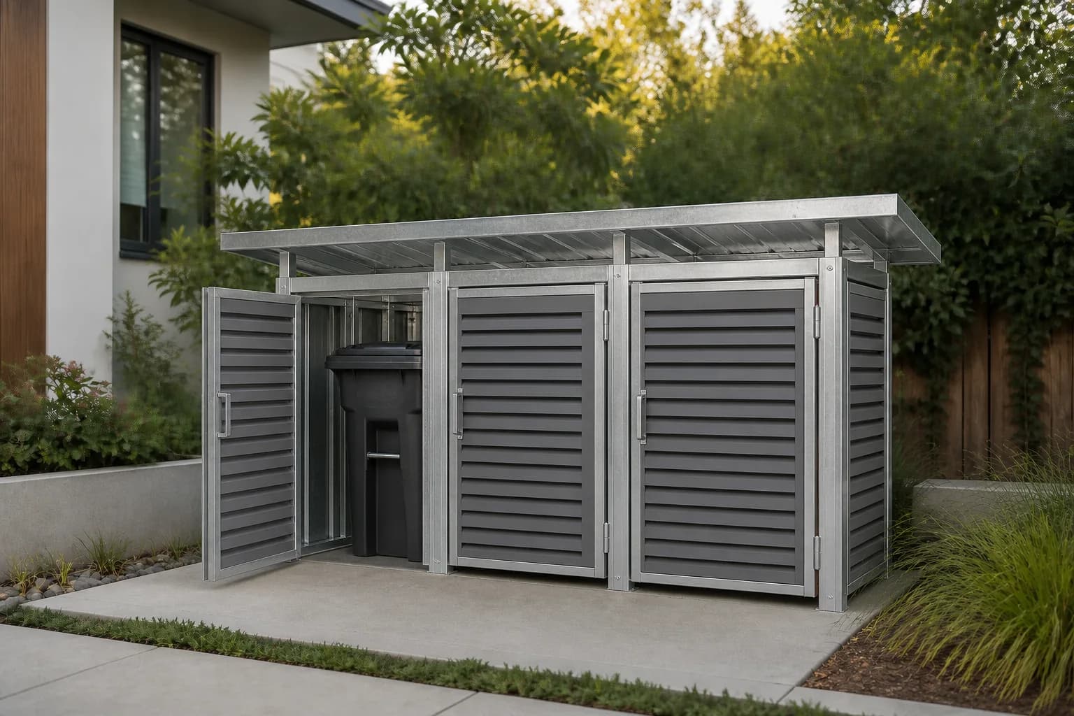 Bin Store steel-frame concept with galvanized uprights, metal louvers and a wheeled bin