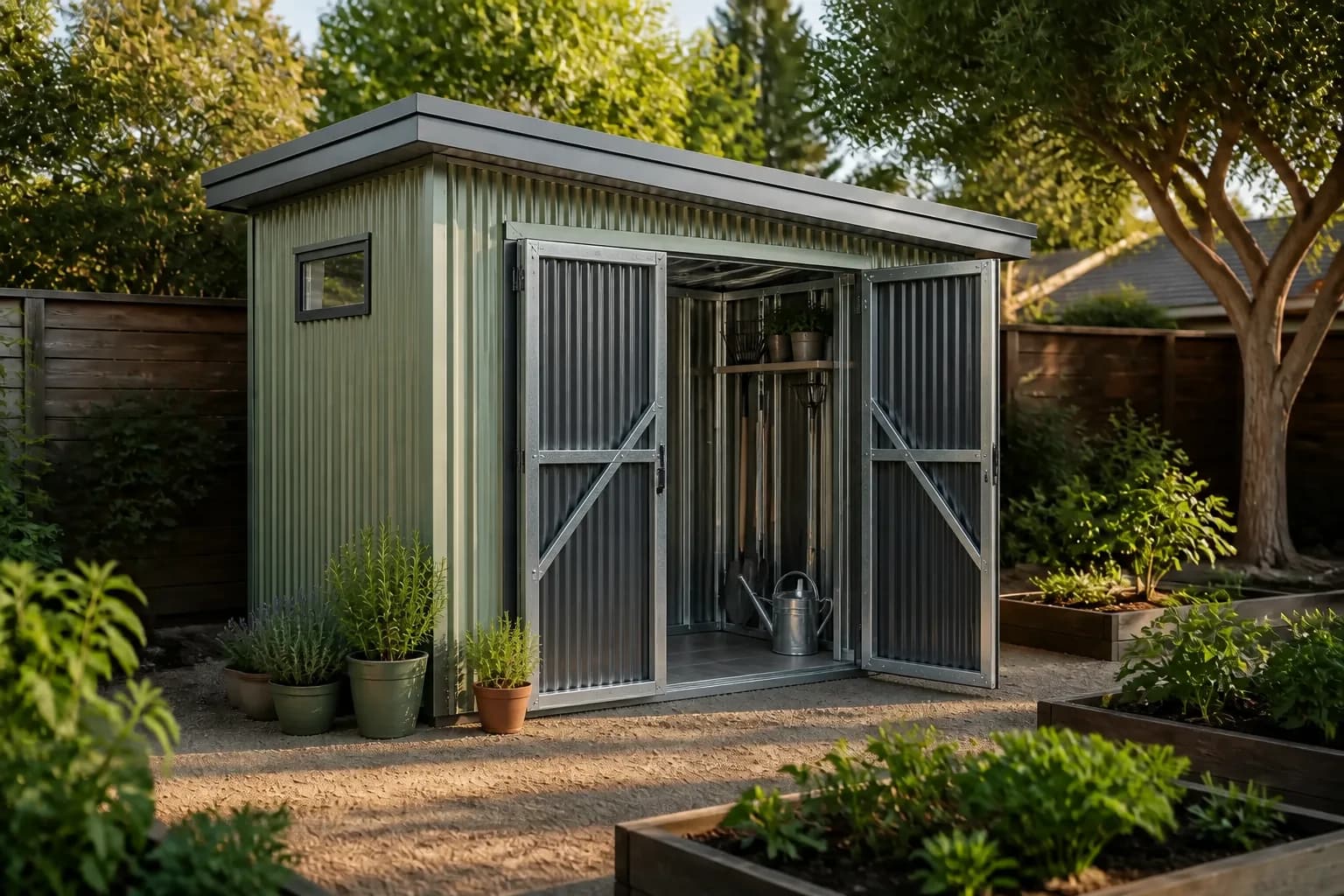 Garden Tool Store steel-frame concept with sage metal cladding, galvanized door frames and garden tools inside
