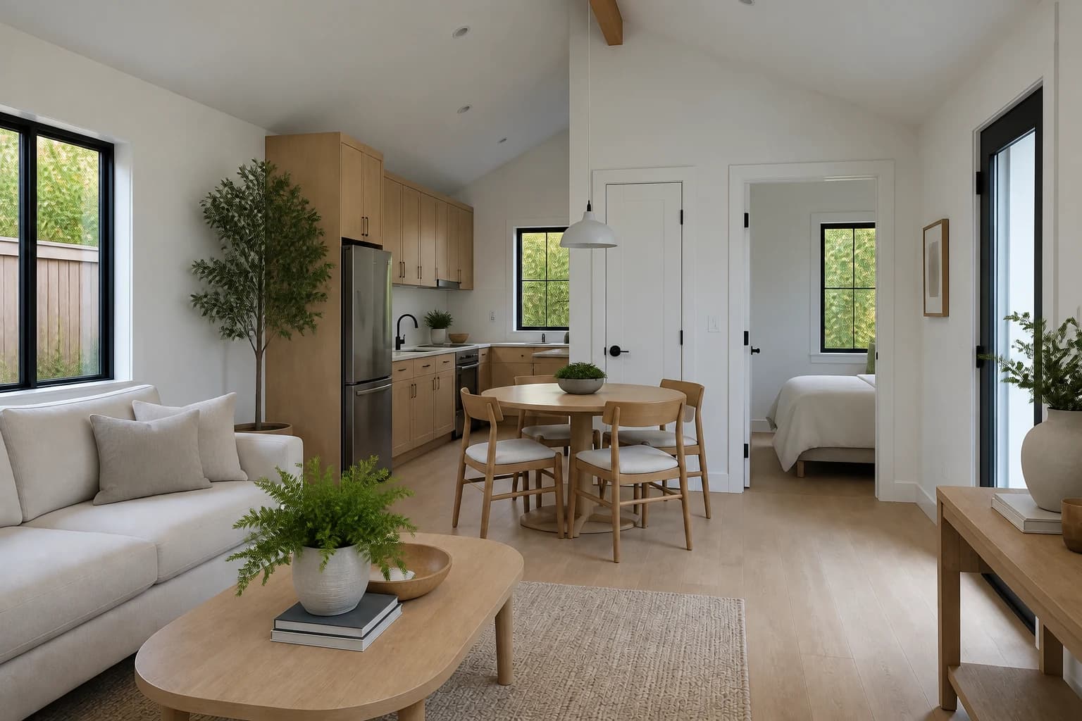 Cottage 600 one-bedroom interior concept in natural daylight with artificial lights off