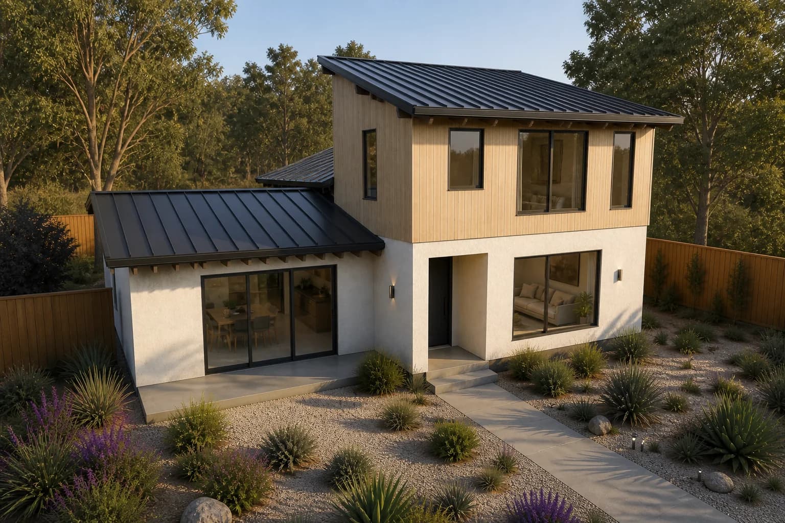 Elevated concept view of the Two-Storey Retreat and its low-pitched roofs