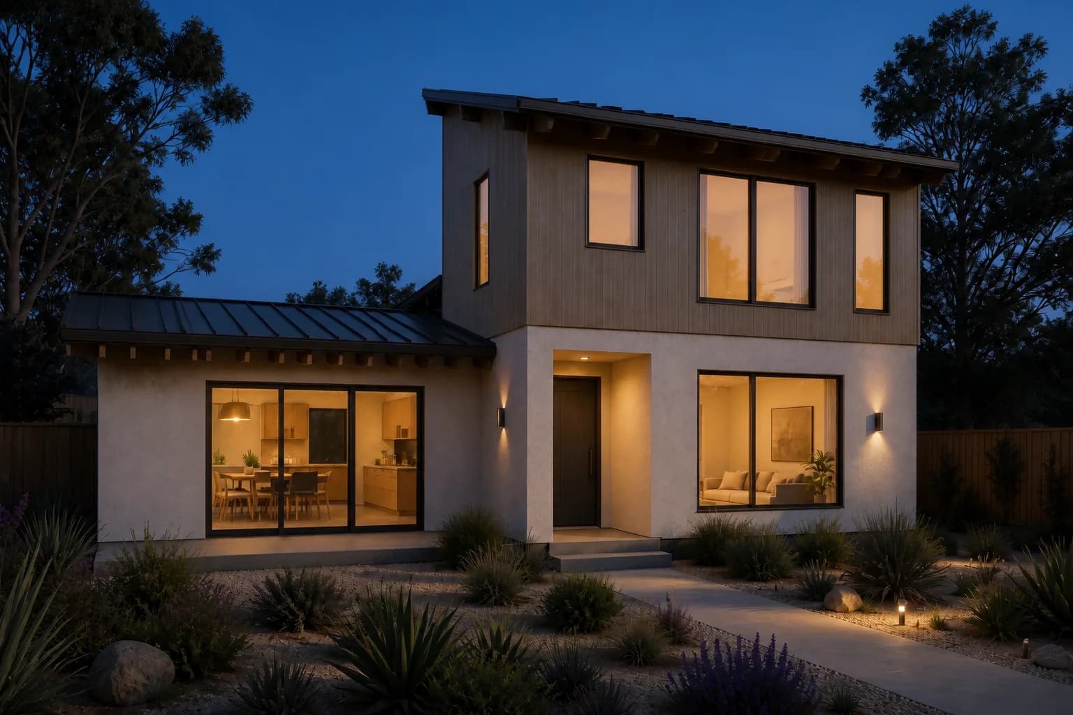 Two-Storey Retreat evening concept visualization with warm interior lighting