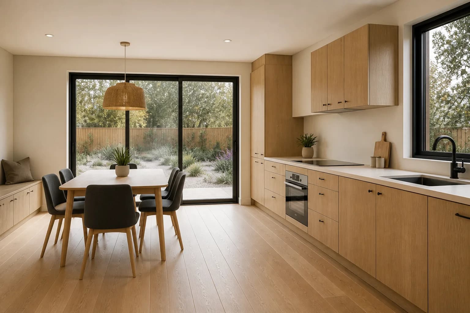 Proposed Two-Storey Retreat kitchen and dining interior concept with oak cabinetry