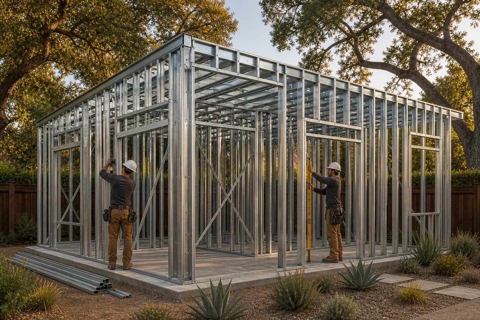 Illustrative view of builders assembling and checking a complete cold-formed steel ADU frame on a slab